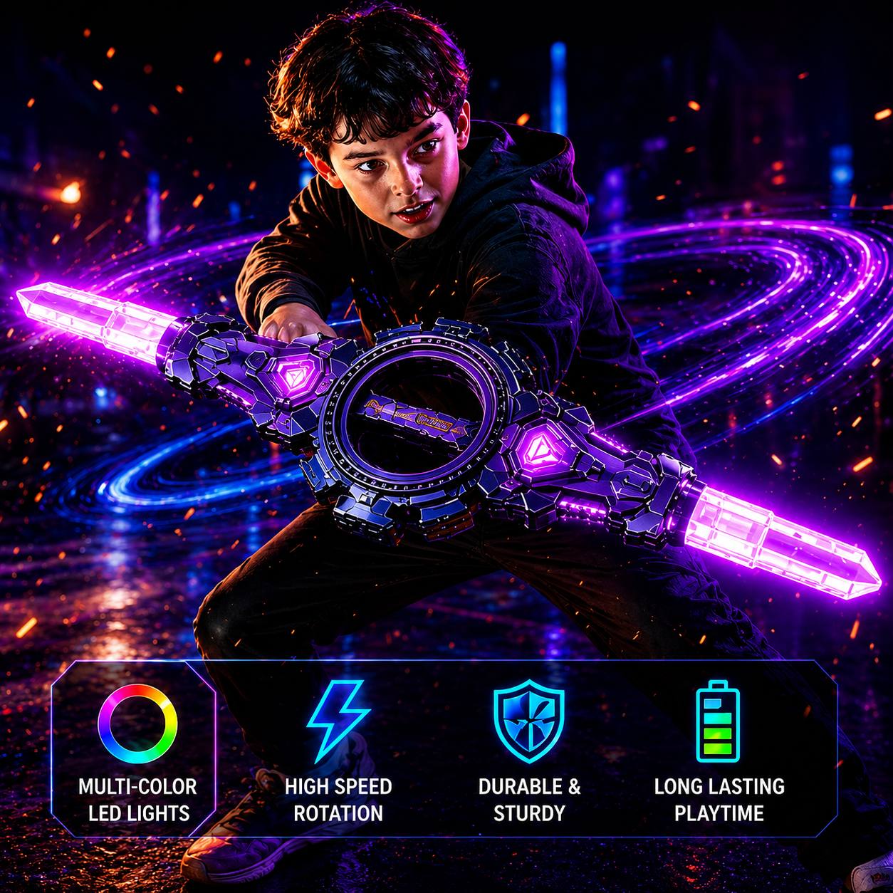Rechargeable Rotating Double-Edge LED Sword with Sound & Light Effects